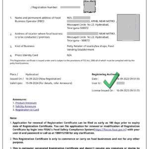 Food License Certificate in Hyderabad Telangana India