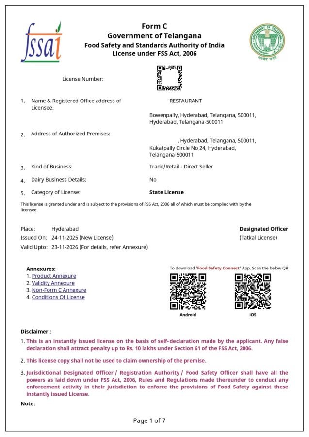 Food license registration services in Hyderabad