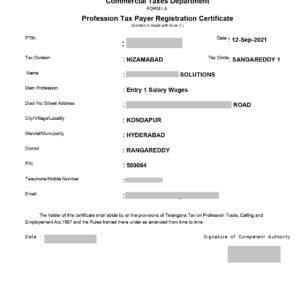 Professional Tax Registration Certificate in Hyderabad Telangana
