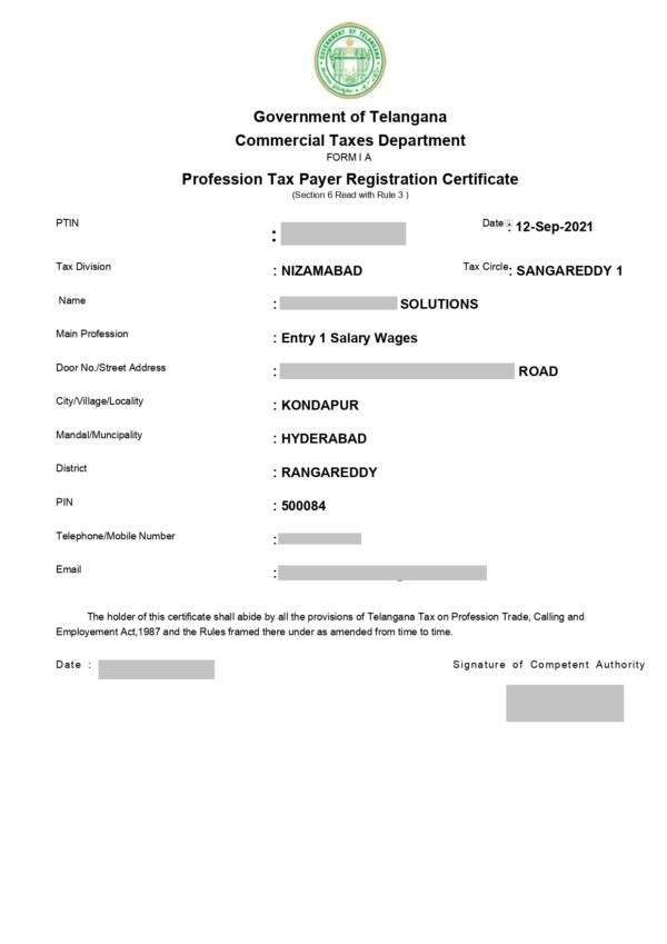 Professional Tax Registration Certificate in Hyderabad Telangana