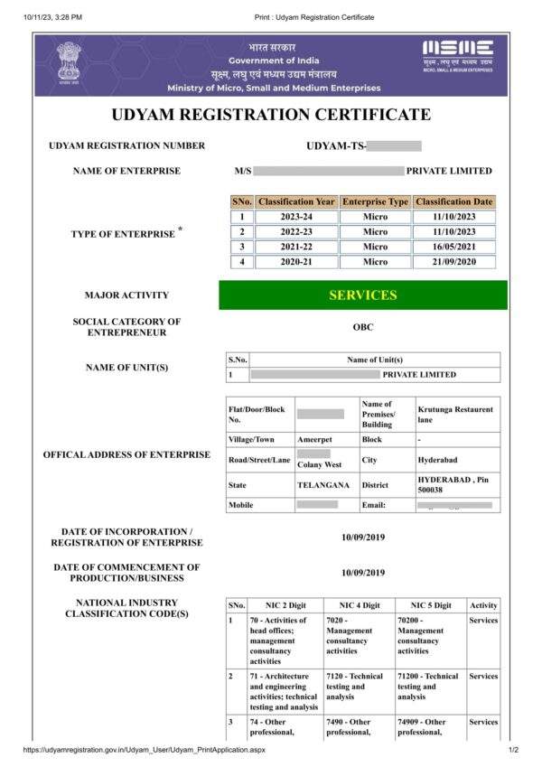 Udyam Registration Certificate , MSME Registration Certificate in Hyderabad Telangana India