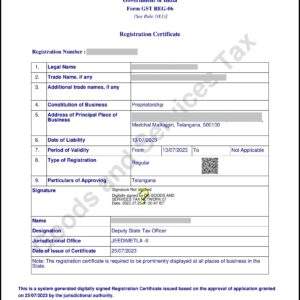 GST Registration Certificate in Hyderabad Telangana India