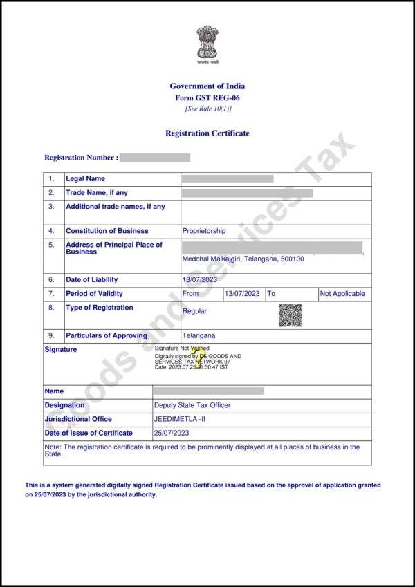 GST Registration Certificate in Hyderabad Telangana India